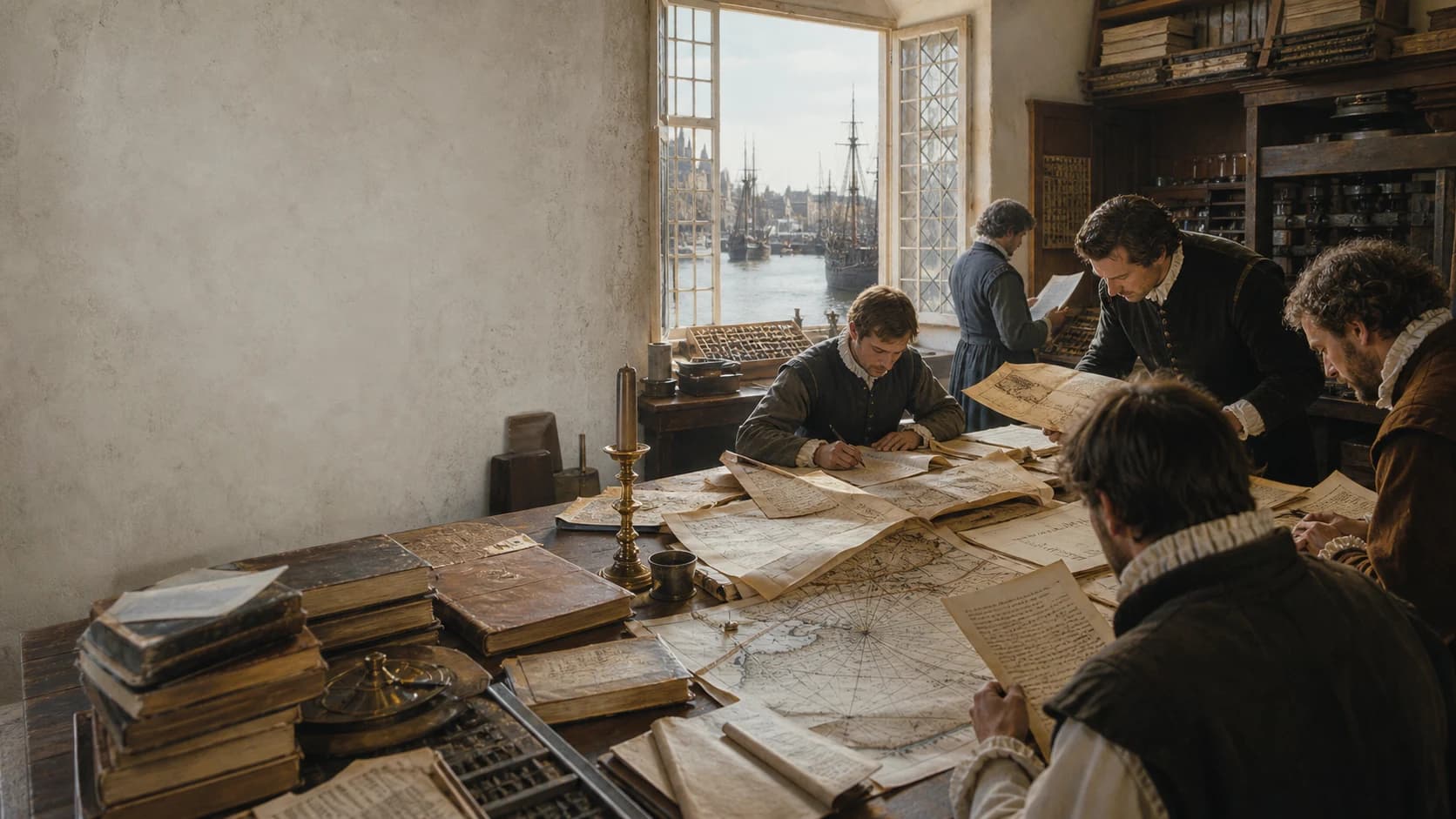 Editors and compositors compare voyage journals, letters, and charts in a bright London printing room of the 1590s