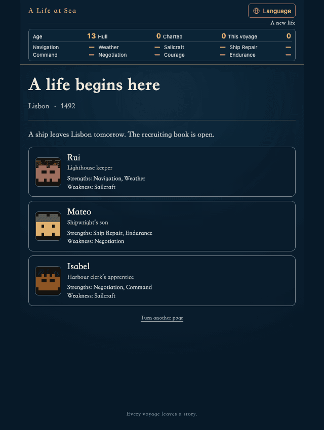 A Life at Sea gameplay: sailor backgrounds and starting strengths