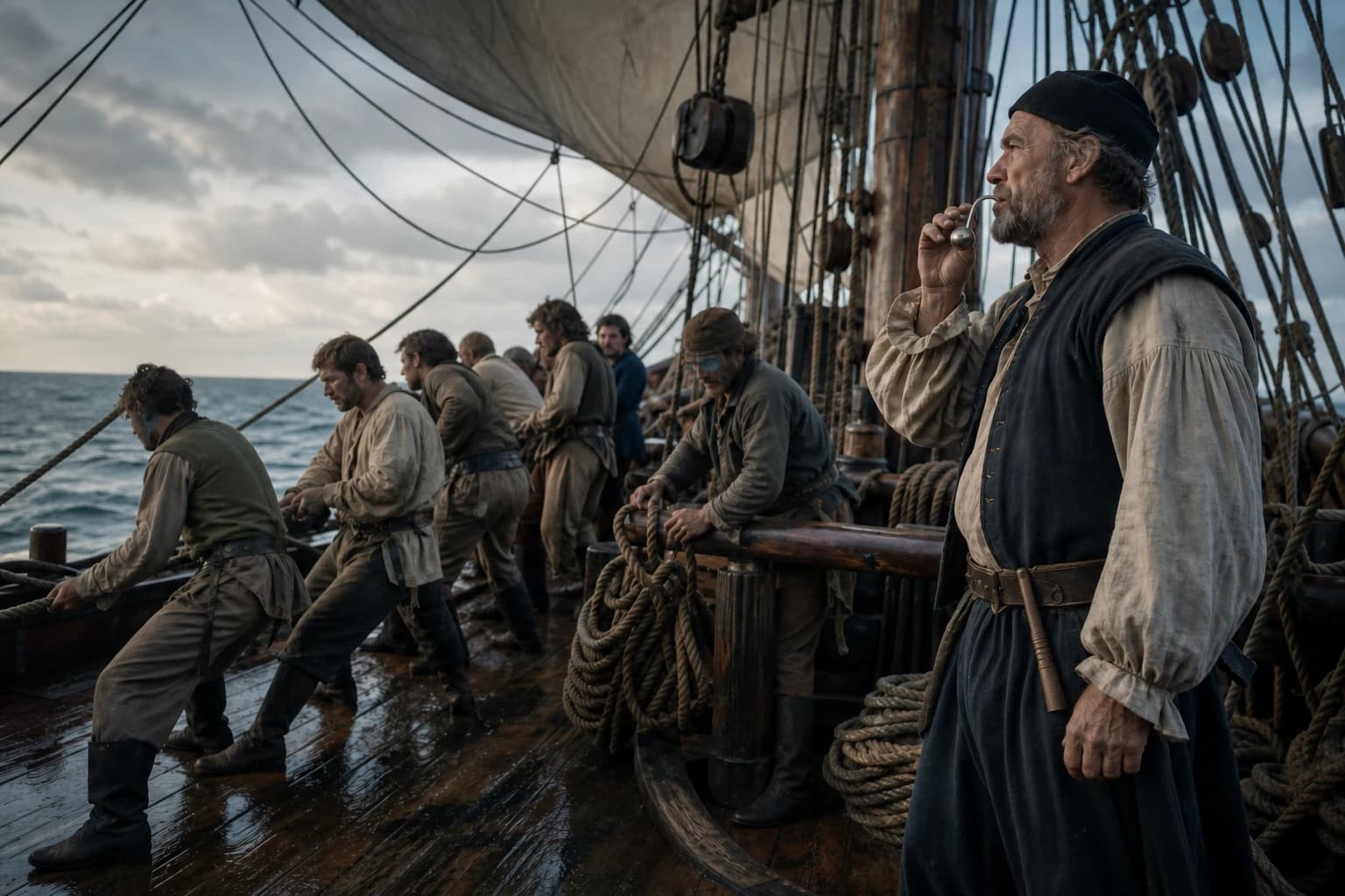A boatswain around 1700 sounds his call and supervises seamen hauling running rigging on a merchant ship's main deck