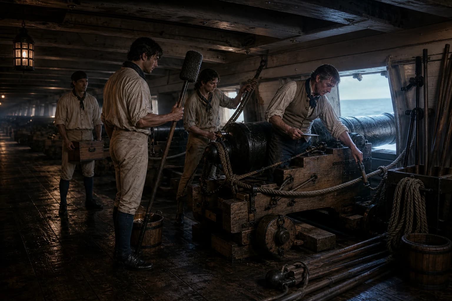 A warship's master gunner around 1810 inspects a 24-pounder, its breeching and crew implements on the gun deck