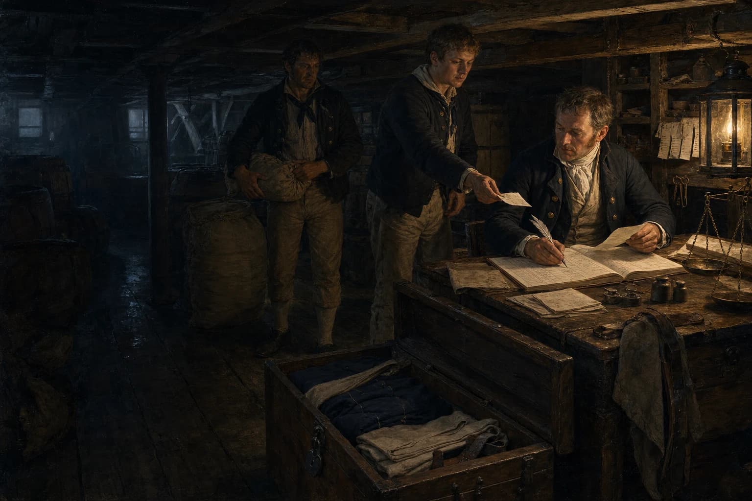 A naval purser around 1810 reconciles a ledger and issue chit against provisions and sailors' clothing in the store room