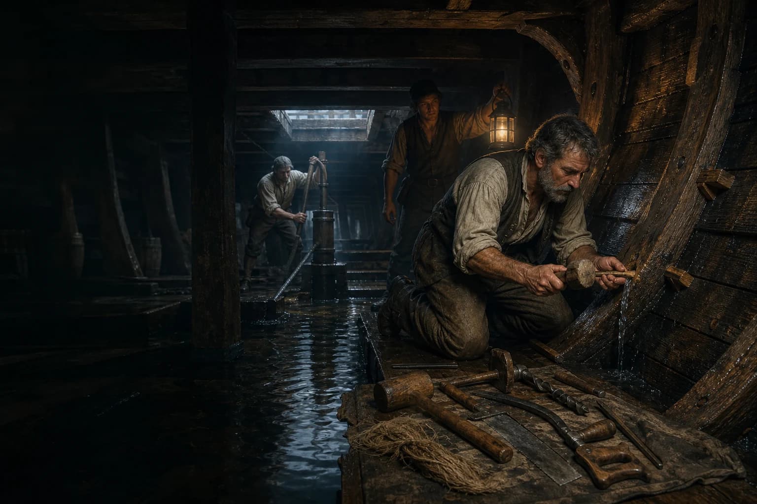 A ship's carpenter around 1700 inspects a leak below decks with wooden plugs, wedges and hand tools ready