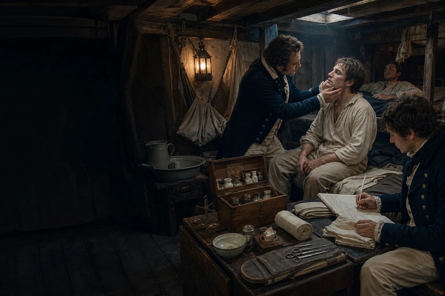 A ship's surgeon around 1810 examines a patient in a warship sick bay while a mate prepares dressings, medicine and case records