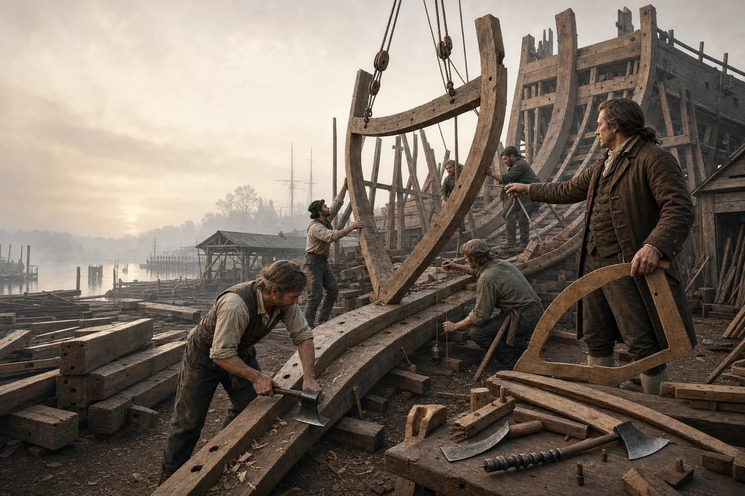 A shipwright around 1795 holds a full-size frame mould and directs a gang hoisting curved oak framing onto the keel at a building slip