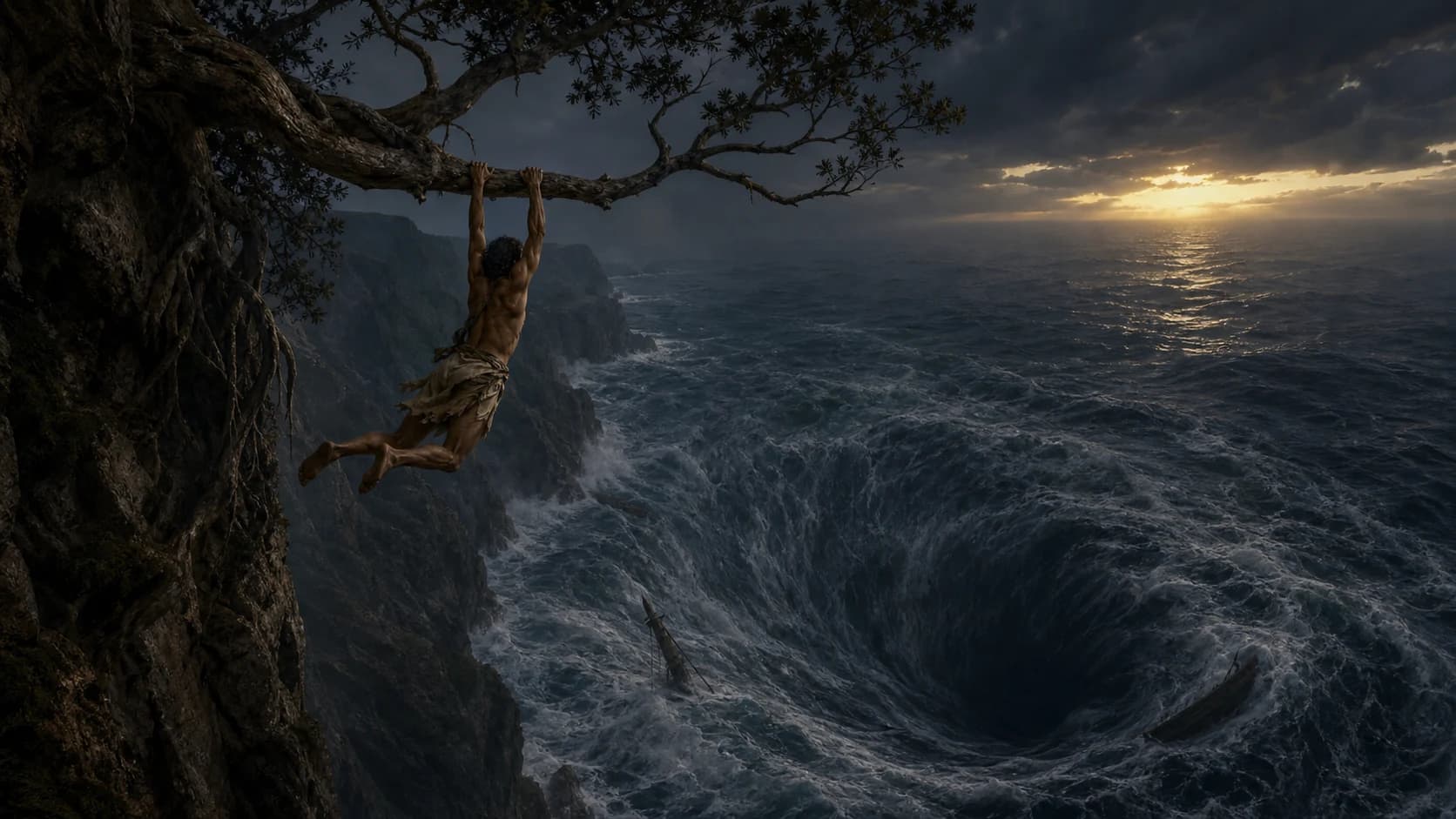 Odysseus hanging from the fig tree as Charybdis returns mast and keel