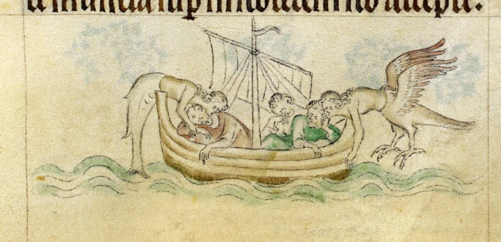 Bird-bodied and fish-tailed Sirens attack a crew in the Queen Mary Psalter